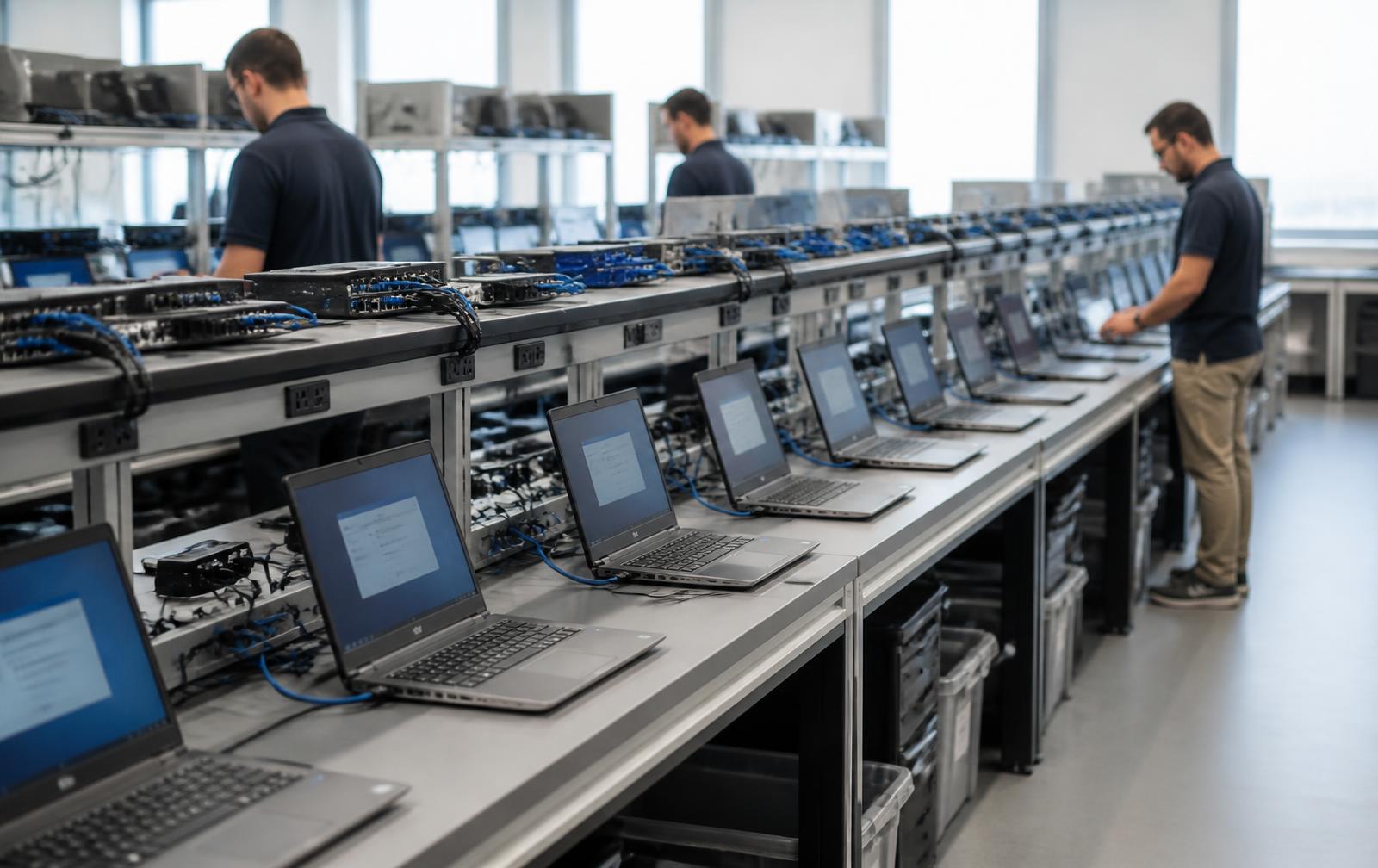Enterprise laptops being staged and configured in a secure provisioning lab