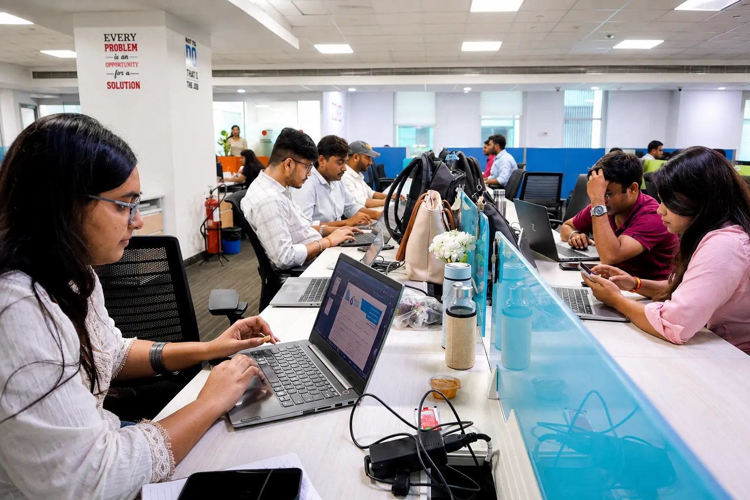 Technology staff working together at a shared office desk