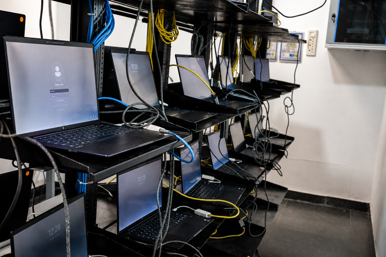 Enterprise laptops connected on a provisioning and testing rack
