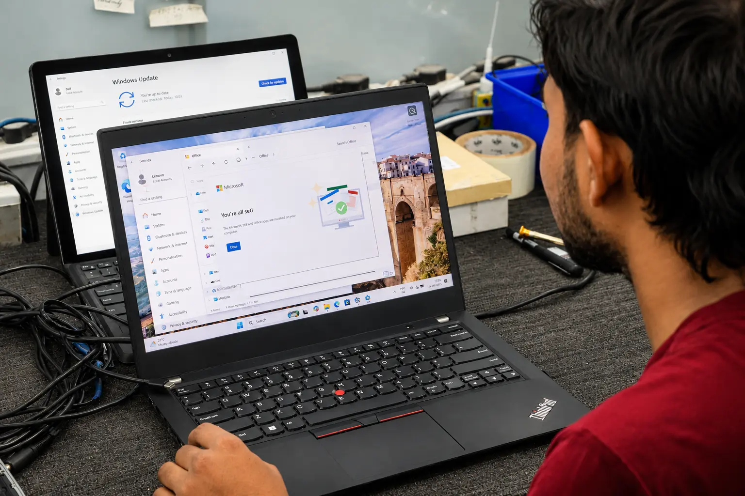 Technician imaging and testing enterprise laptops before handover