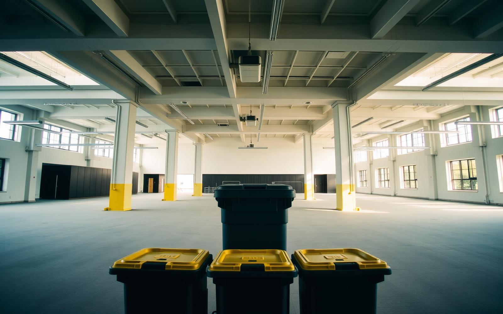 Bare-shell office floor under reinstatement with segregated waste bins