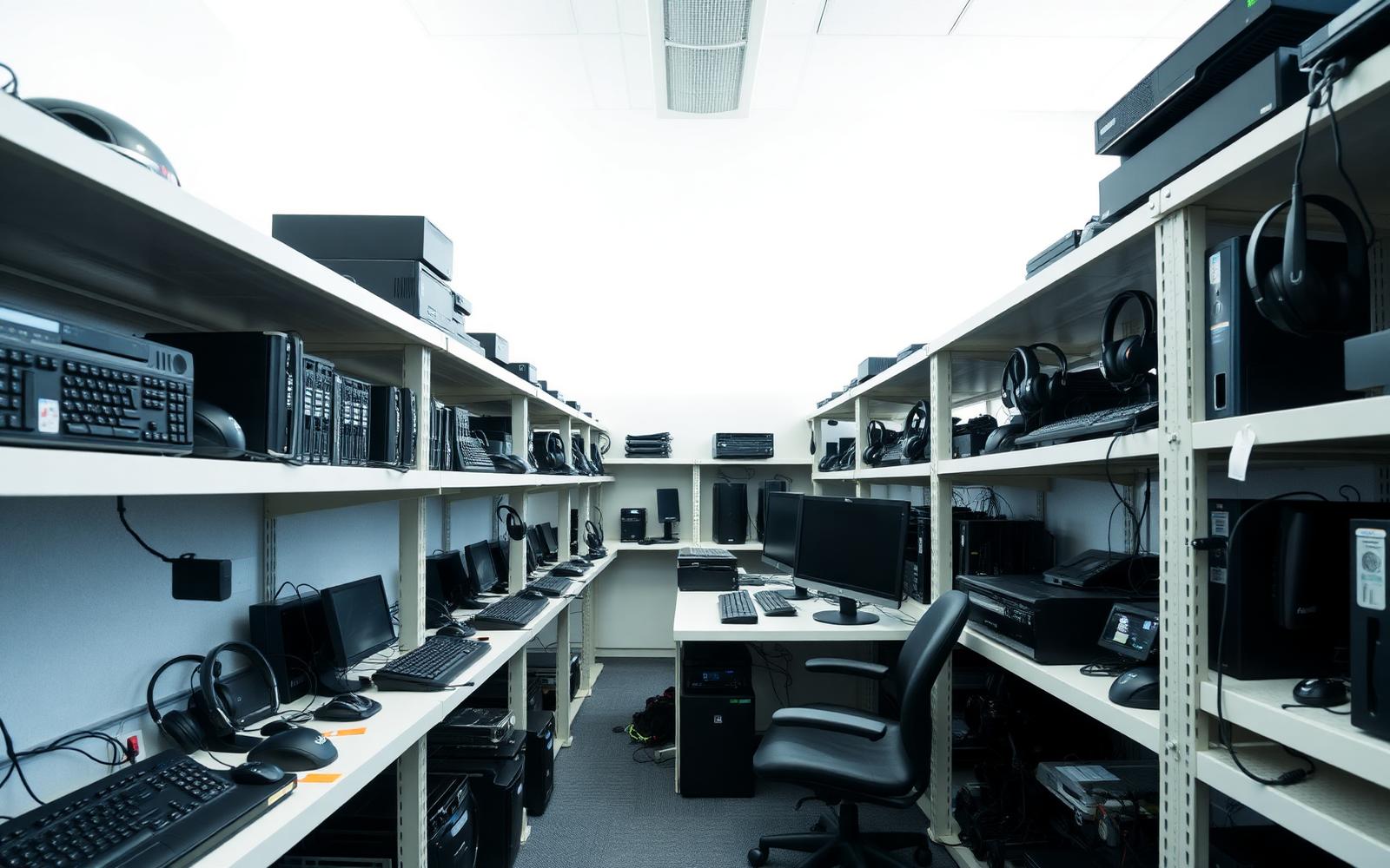 IT store room shelves stocked with keyboards, headsets and docking stations