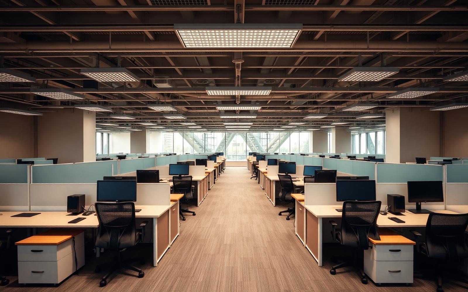 Newly fitted-out corporate office floor with installed workstations