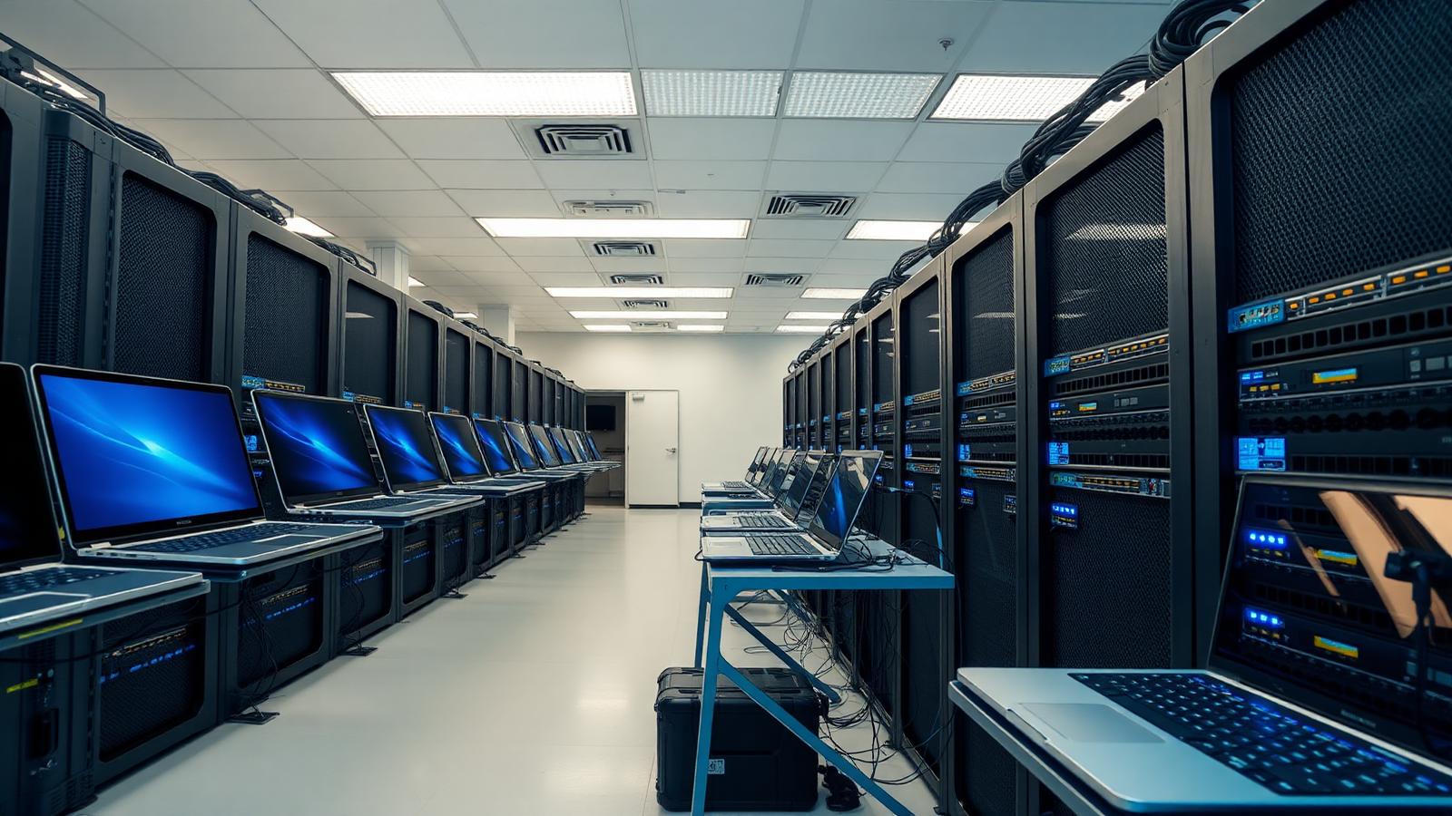 Enterprise laptops on a provisioning and testing rack