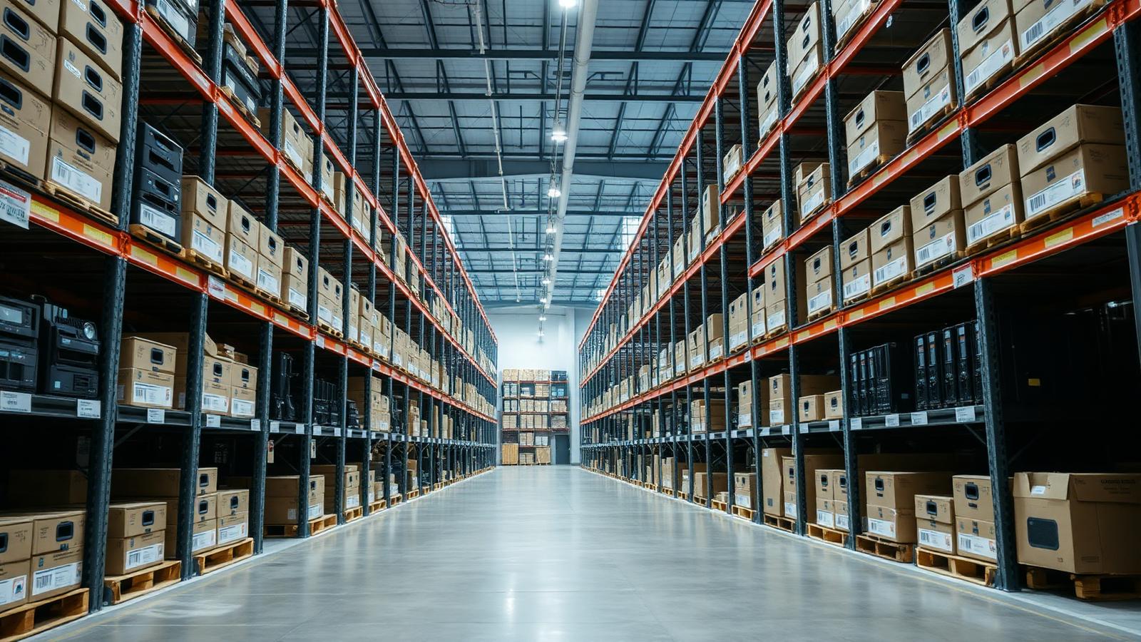 Labelled racking holding IT equipment in controlled inventory